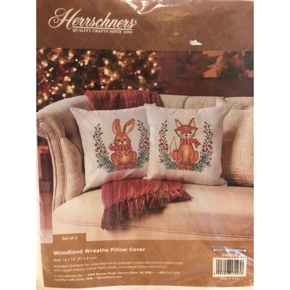 Herrschners Woodland Pillow Cover Set 16" x 16" Cross-Stitch Kit Rabbit Fox - Picture 2 of 5